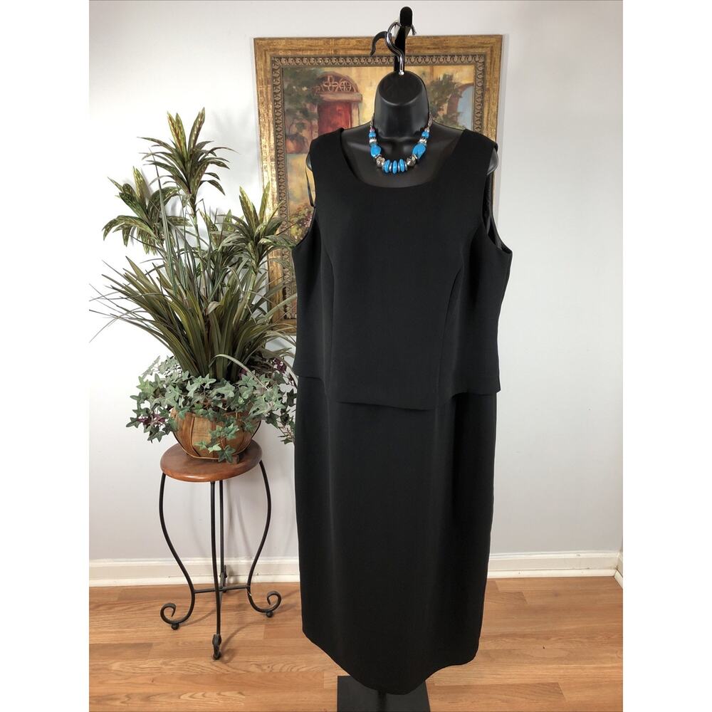 Jessica Howard Women 16W Black Sleeveless Sheath Dress Layered Look Elegant Midi